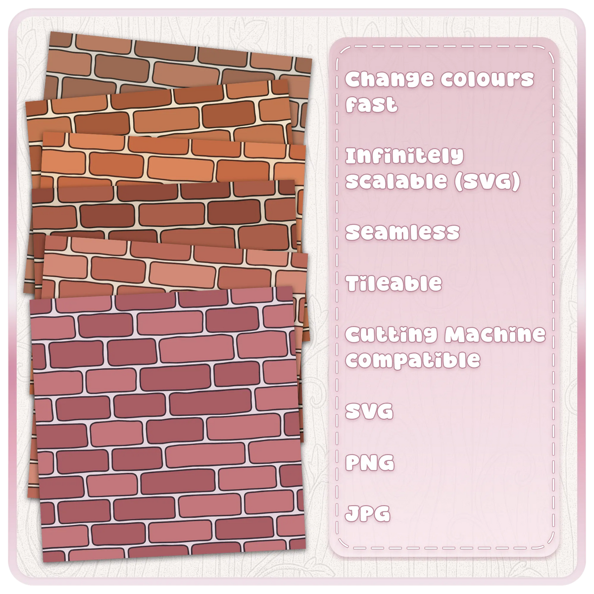 Fairytale brick wall digital papers in terracotta, red, coral and dusty pink with seamless SVG PNG JPG pattern