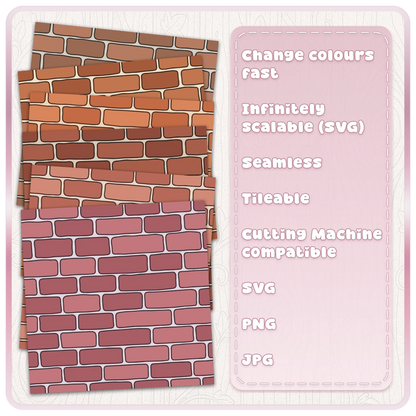 Fairytale brick wall digital papers in terracotta, red, coral and dusty pink with seamless SVG PNG JPG pattern