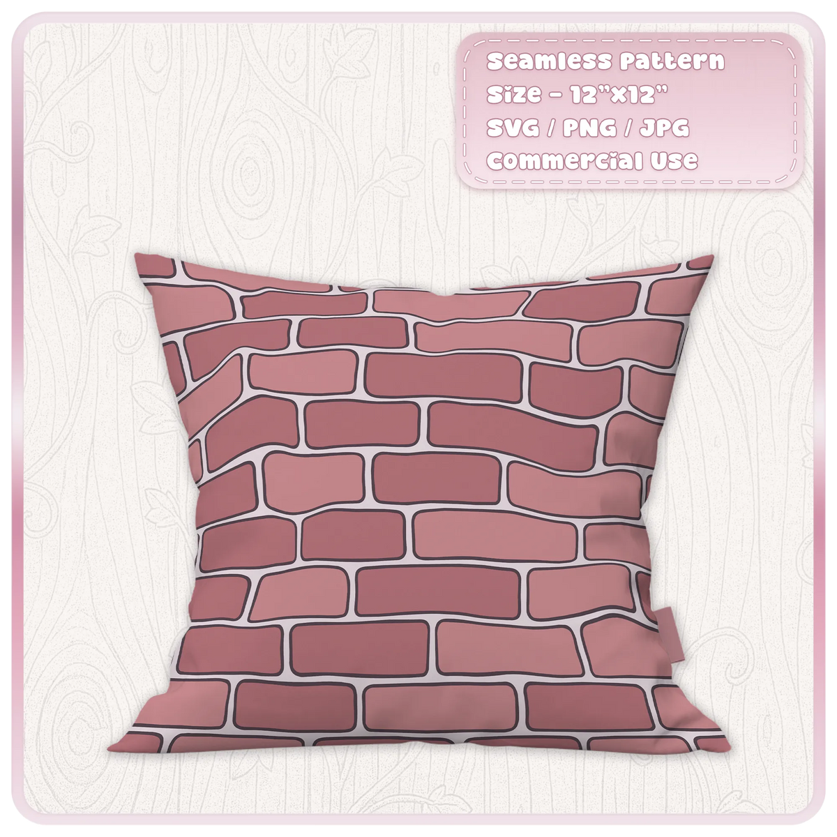 Dusty pink and rose red fairytale brick pattern on a square cushion, seamless fabric design inspiration