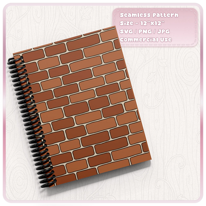 Terracotta red brick wall pattern printed on a spiral notebook cover, seamless printable digital paper design