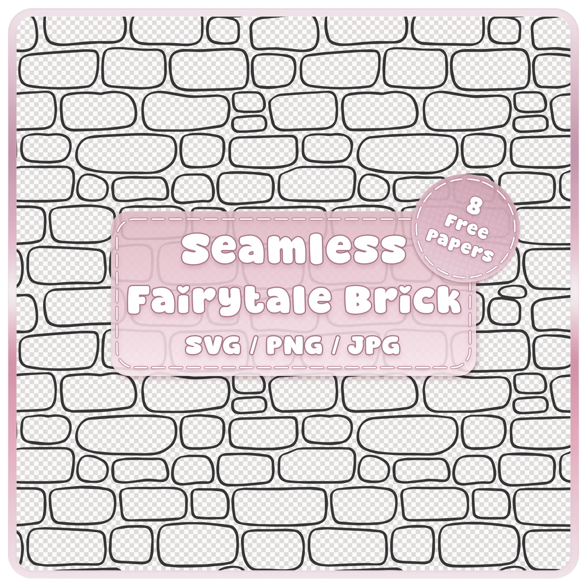 Seamless fairytale brick pattern overlay in black line art with rounded hand-drawn bricks, SVG PNG JPG digital download.