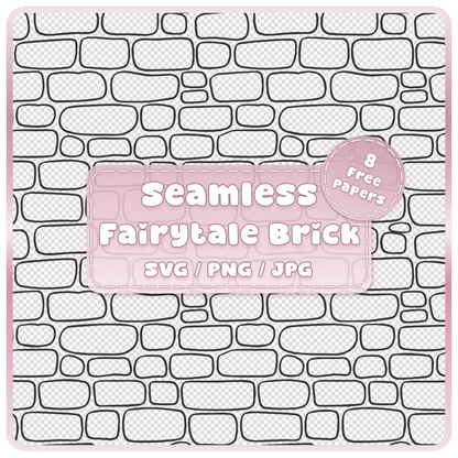 Seamless fairytale brick pattern overlay in black line art with rounded hand-drawn bricks, SVG PNG JPG digital download.