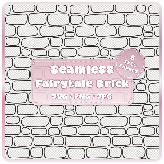 Seamless fairytale brick pattern overlay in black line art with rounded hand-drawn bricks, SVG PNG JPG digital download.