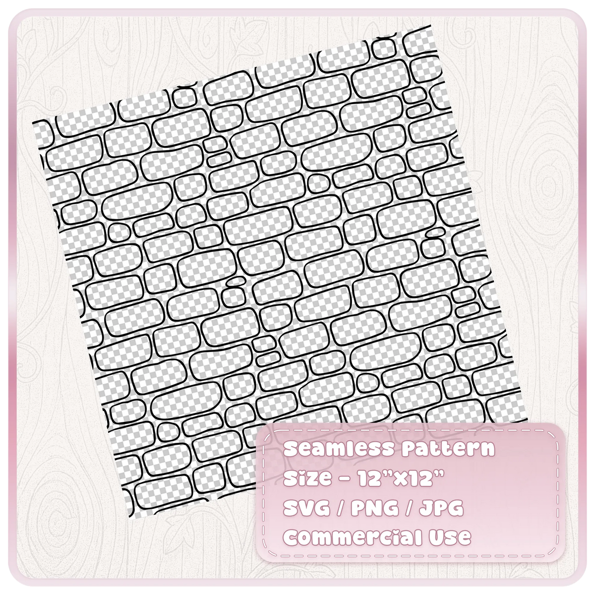 Black outline fairytale brick seamless pattern shown on a tilted 12 x 12 inch digital scrapbook paper sheet with rounded irregular bricks.