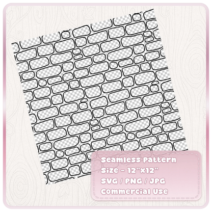 Black outline fairytale brick seamless pattern shown on a tilted 12 x 12 inch digital scrapbook paper sheet with rounded irregular bricks.