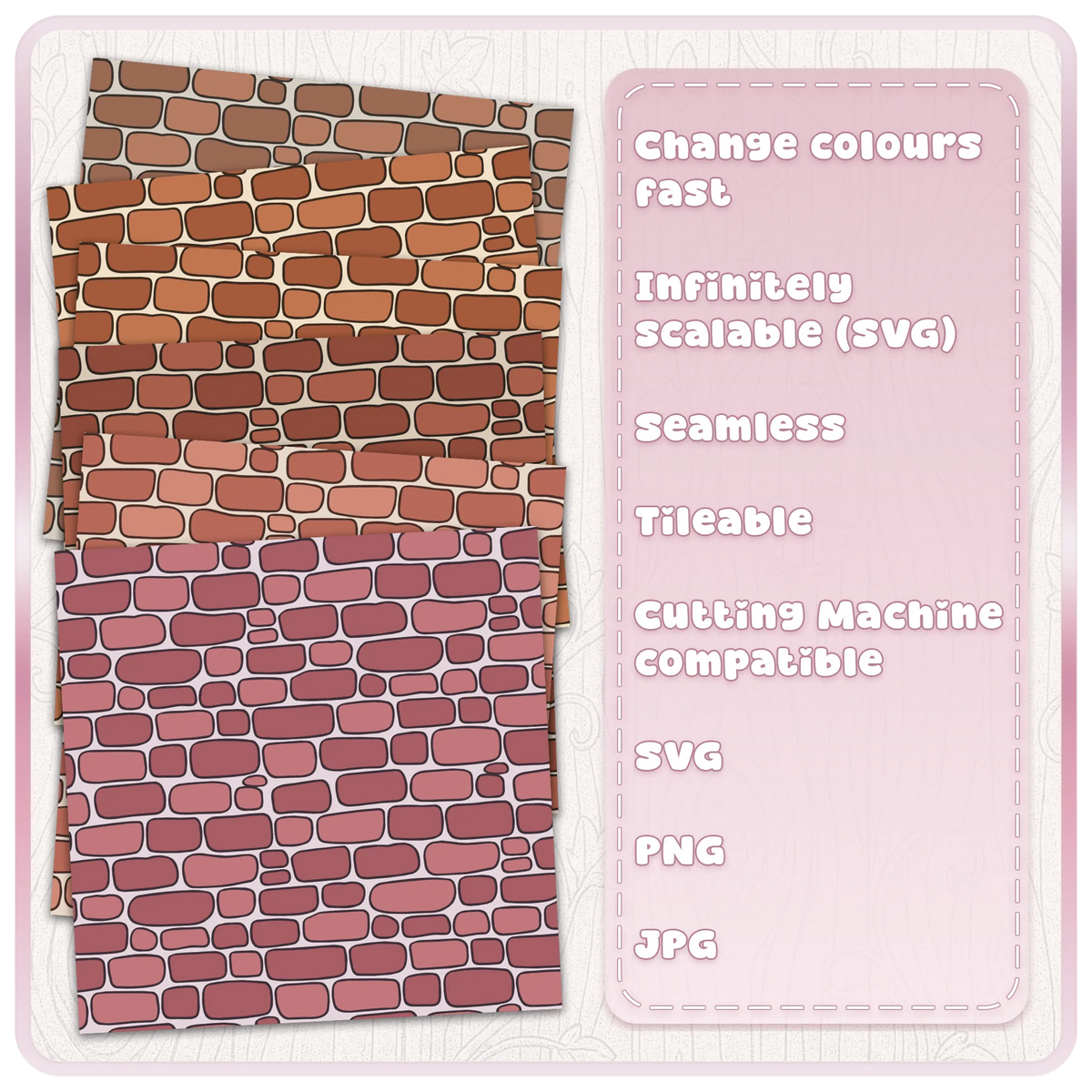 Fairytale brick wall seamless digital pattern displayed in five earthy terracotta, brown and dusty pink colour combinations with SVG PNG JPG file details.