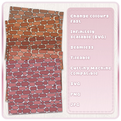 Fairytale brick wall seamless digital pattern displayed in five earthy terracotta, brown and dusty pink colour combinations with SVG PNG JPG file details.