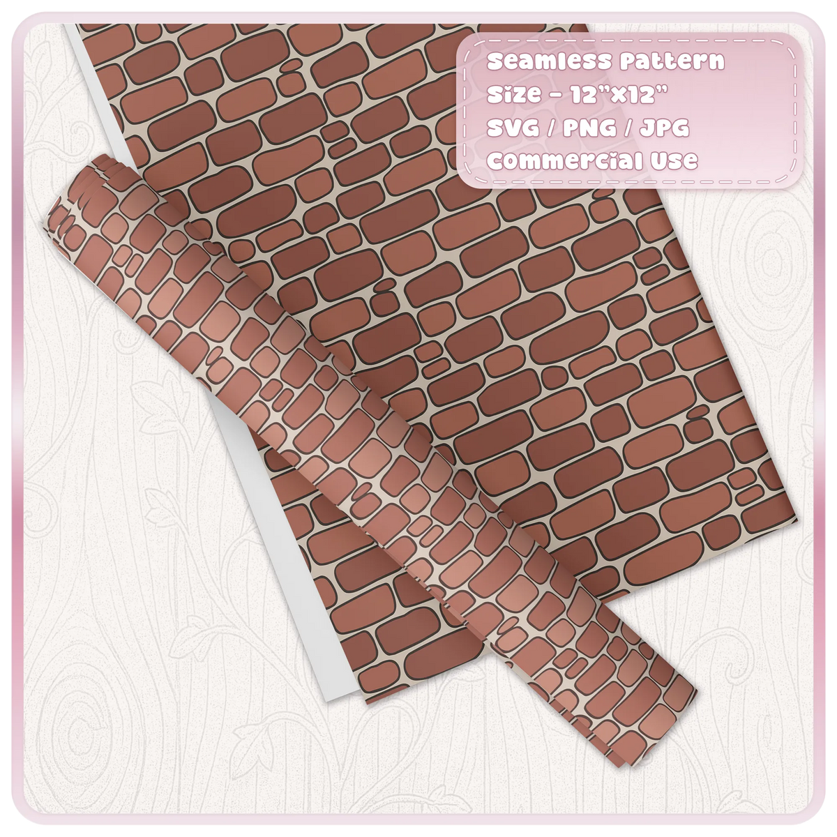 Seamless fairytale brick pattern in terracotta and blush pink shown on decorative wrapping paper, with rounded bricks and hand-drawn outlines.