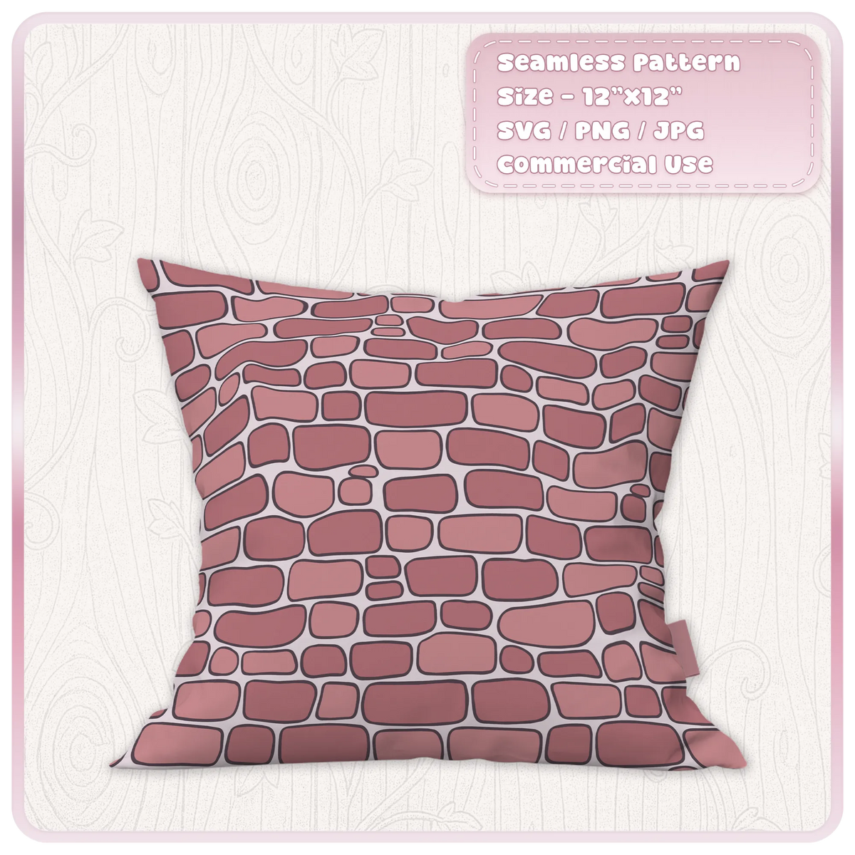 Dusty pink fairytale brick seamless pattern printed on a decorative cushion, showcasing a whimsical brick wall design for fabric and home decor projects.