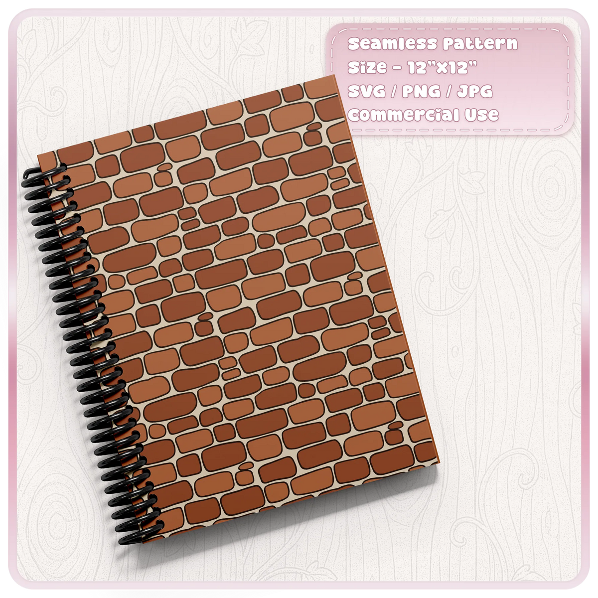 Terracotta fairytale brick seamless pattern on a spiral notebook cover, featuring irregular rounded bricks for printable stationery and journal designs.