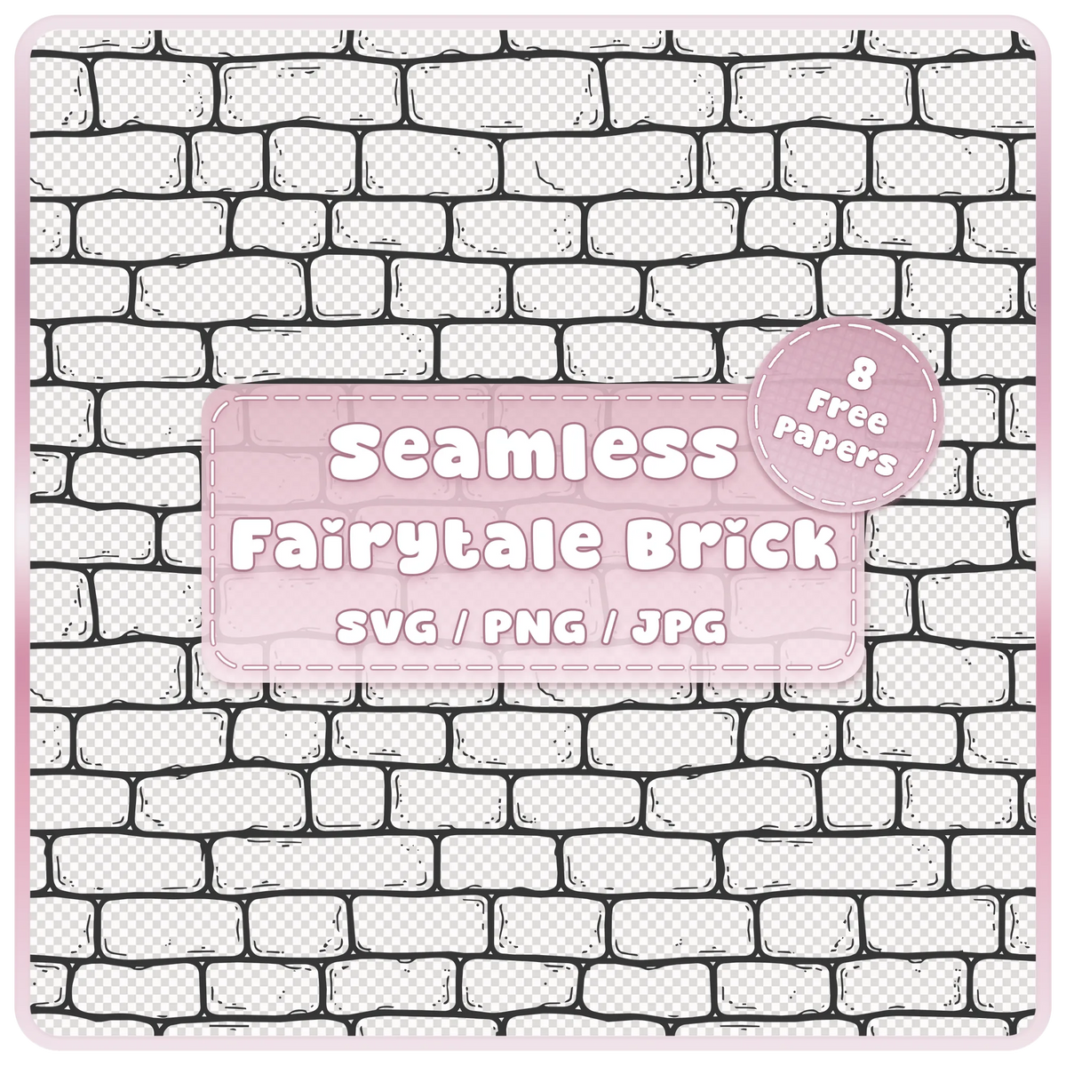 Seamless fairytale brick pattern overlay with distressed black outlines and irregular rounded bricks on a transparent background, SVG PNG JPG download.
