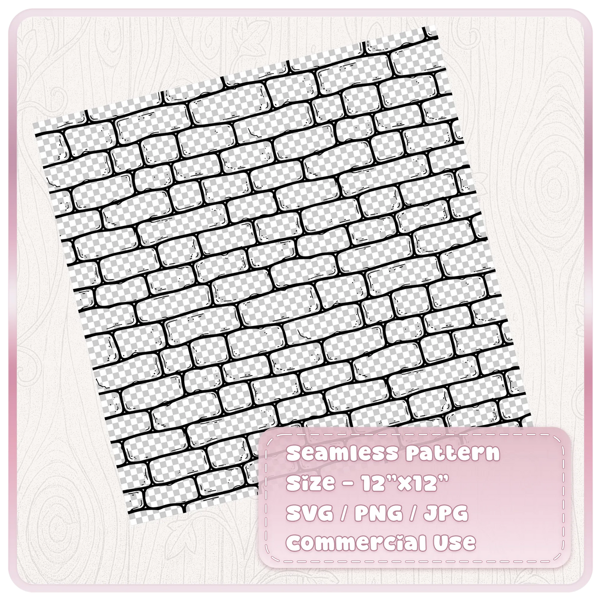 Distressed fairytale brick wall seamless pattern shown on a tilted 12 x 12 inch digital paper sheet, with black hand-drawn brick outlines.