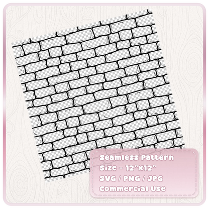 Distressed fairytale brick wall seamless pattern shown on a tilted 12 x 12 inch digital paper sheet, with black hand-drawn brick outlines.