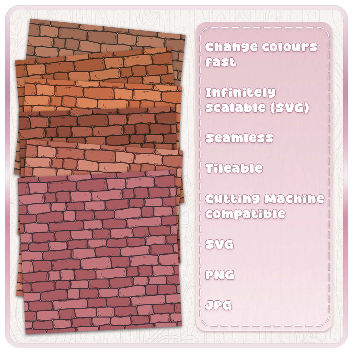 Five colour examples of a seamless distressed brick wall pattern in terracotta, brown, orange and dusty pink for digital scrapbook paper.