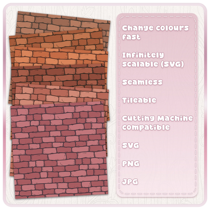 Five colour examples of a seamless distressed brick wall pattern in terracotta, brown, orange and dusty pink for digital scrapbook paper.