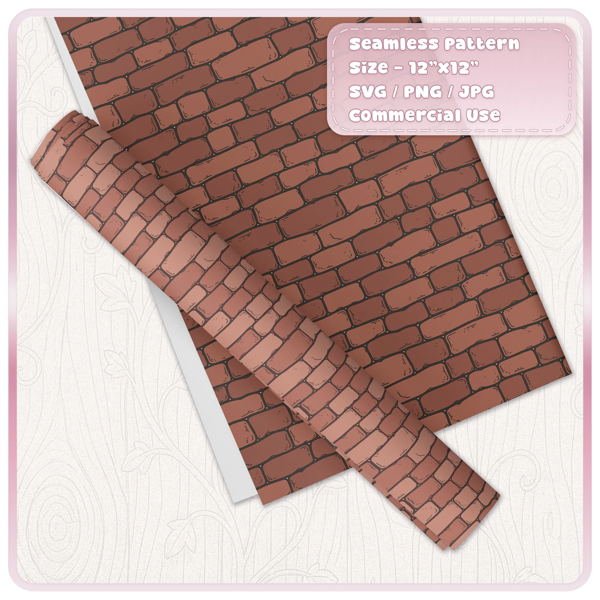 Rustic terracotta brick wall seamless pattern on decorative wrapping paper with a matching rolled sheet, showing a vintage distressed finish.