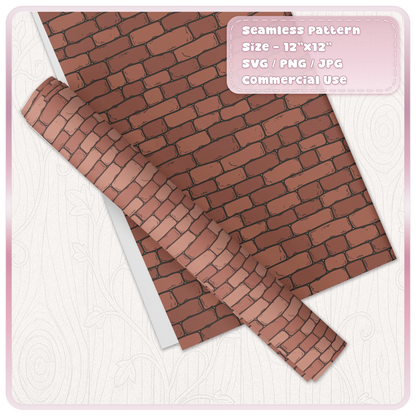 Rustic terracotta brick wall seamless pattern on decorative wrapping paper with a matching rolled sheet, showing a vintage distressed finish.