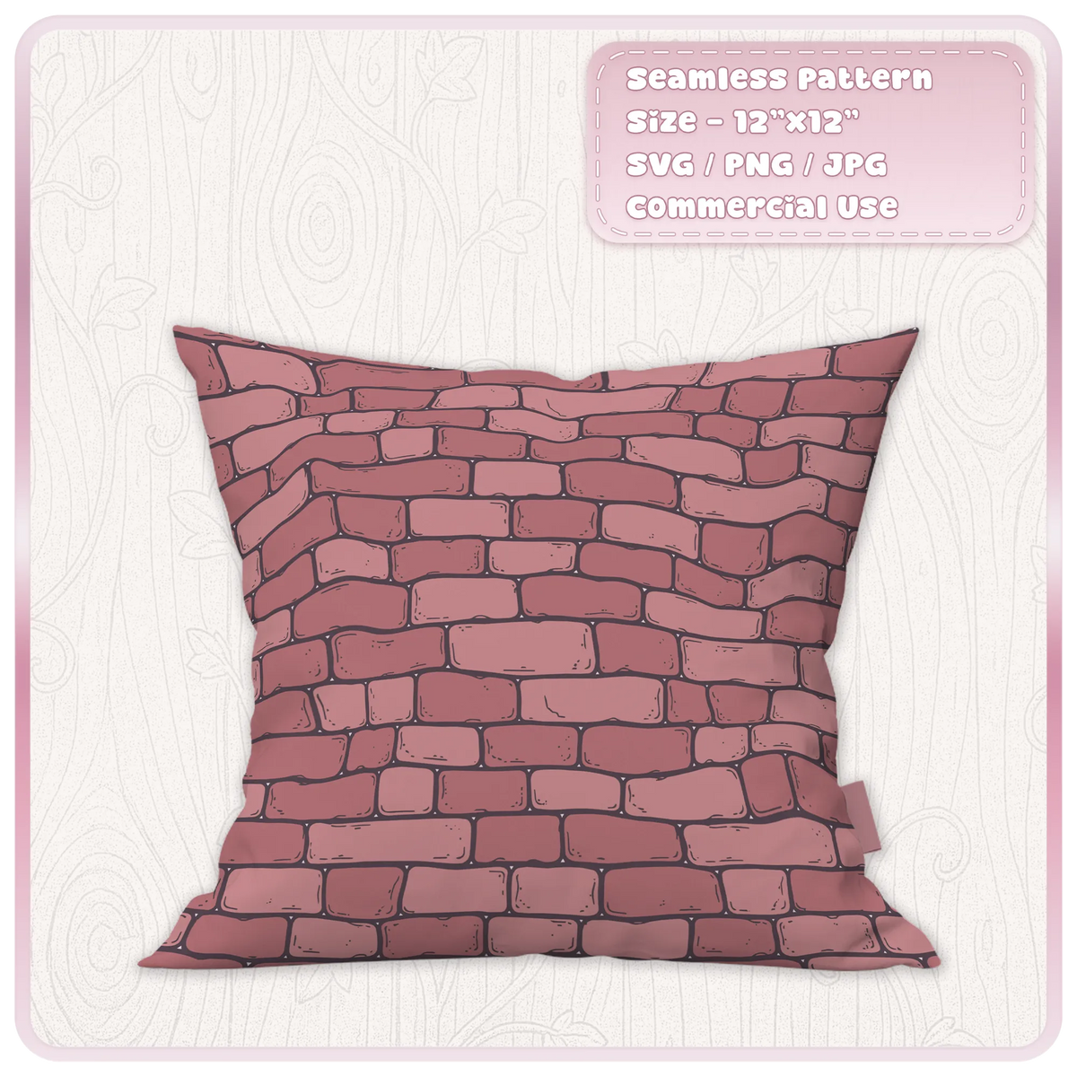 Dusty pink distressed fairytale brick pattern displayed on a decorative cushion, with irregular bricks and vintage black line detailing.