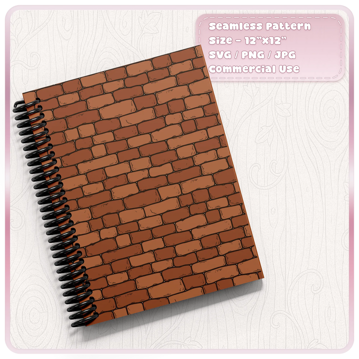 Terracotta distressed brick wall seamless pattern on a spiral notebook cover, showing a rustic hand-drawn design for printable stationery.