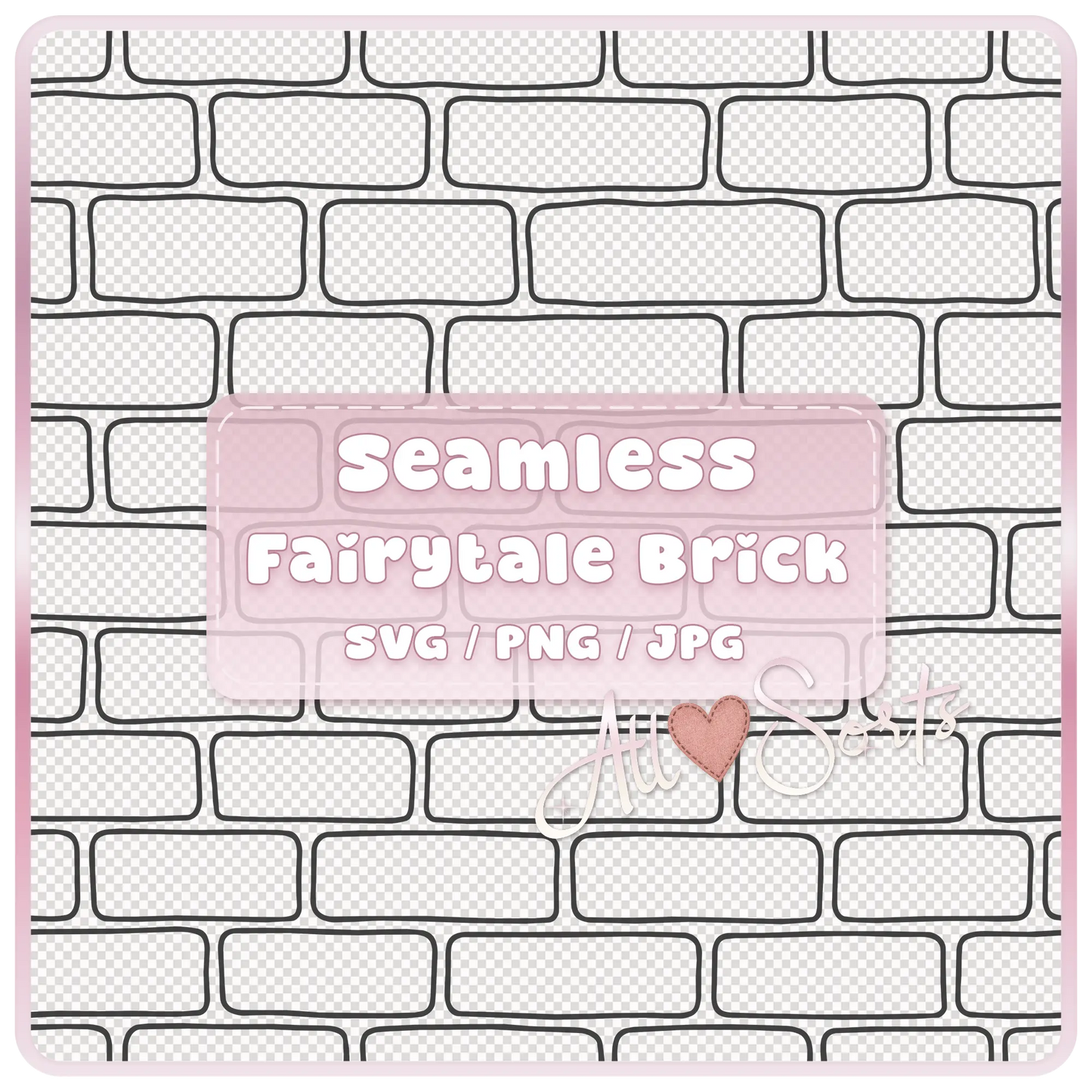 Seamless Fairytale Brick Pattern SVG PNG JPG digital download preview with black outline brick wall design on transparent background.