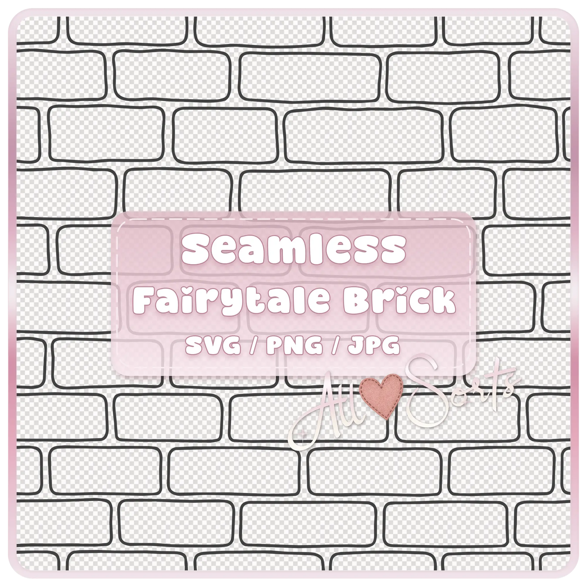 Seamless Fairytale Brick Pattern SVG PNG JPG digital download preview with black outline brick wall design on transparent background.