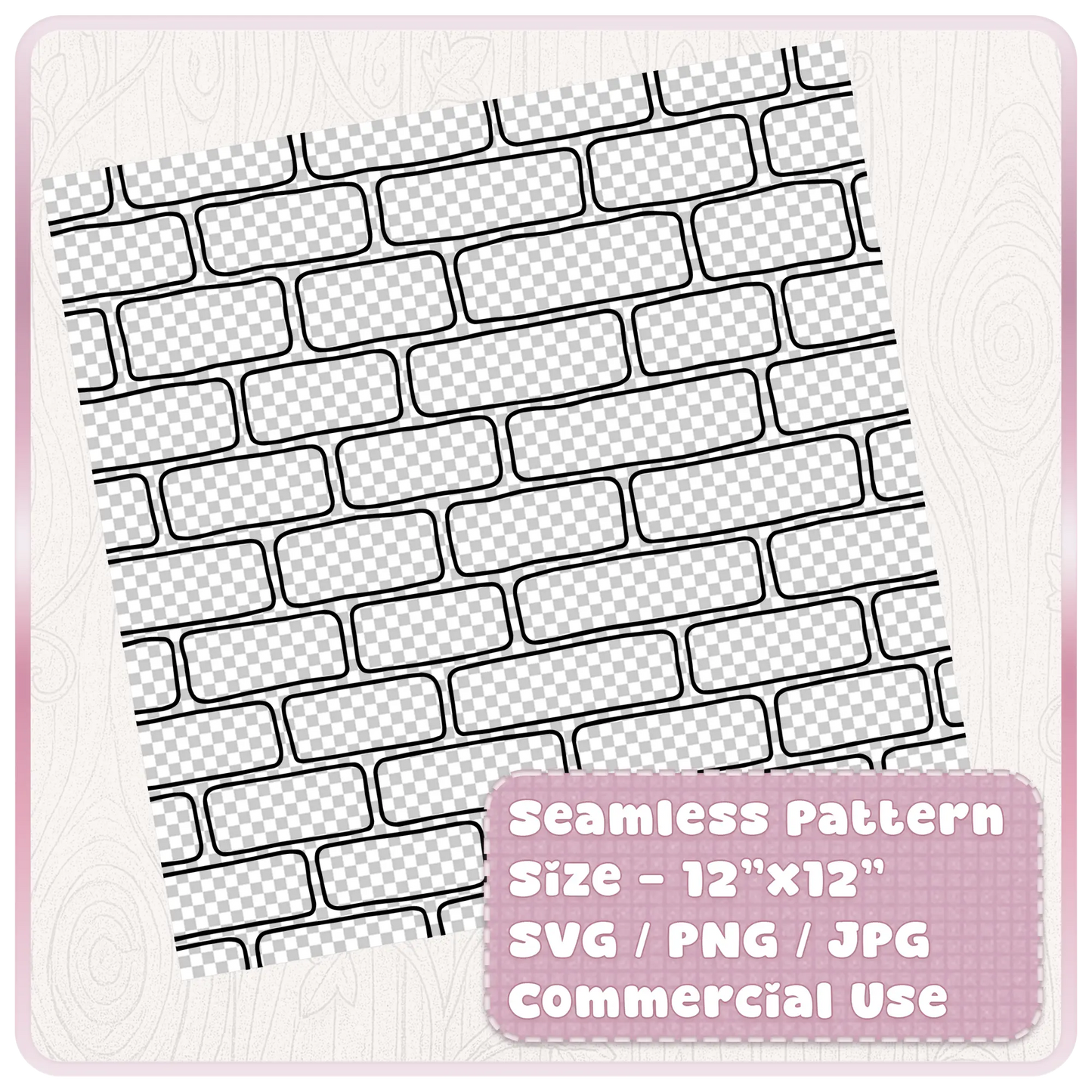 Seamless brick wall pattern digital download displayed as a 12 x 12 inch tileable SVG PNG JPG design for commercial craft use.