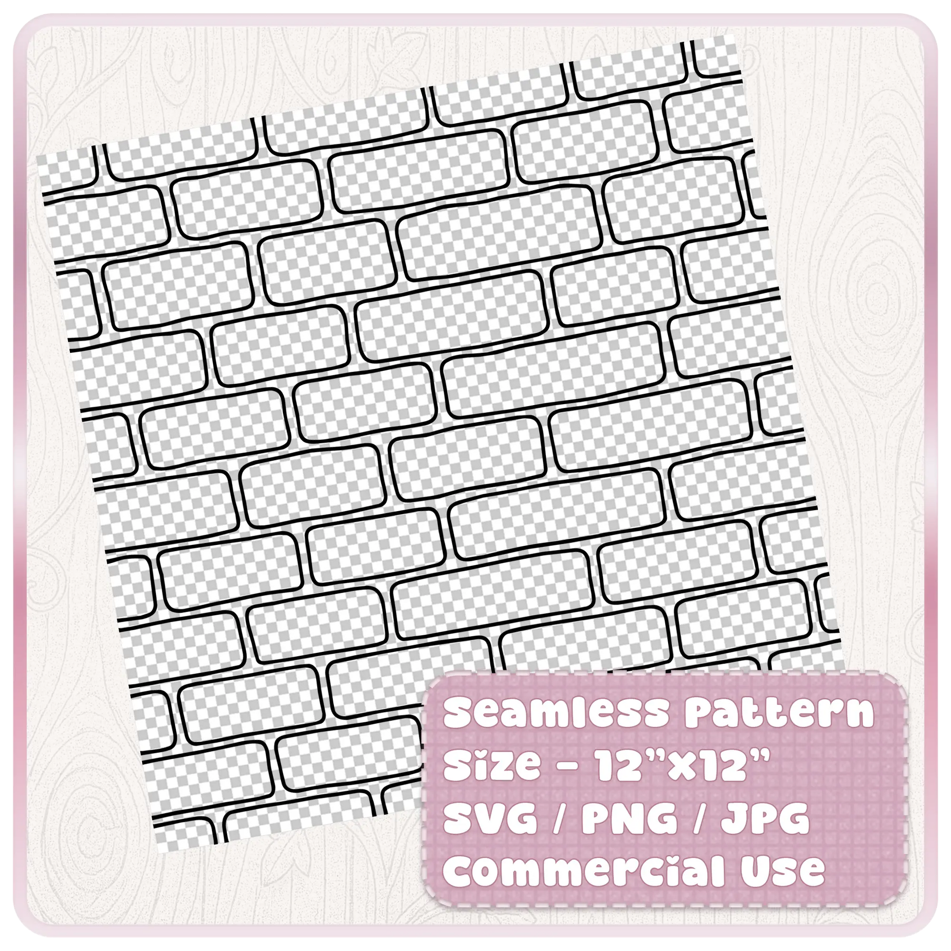 Seamless brick wall pattern digital download displayed as a 12 x 12 inch tileable SVG PNG JPG design for commercial craft use.