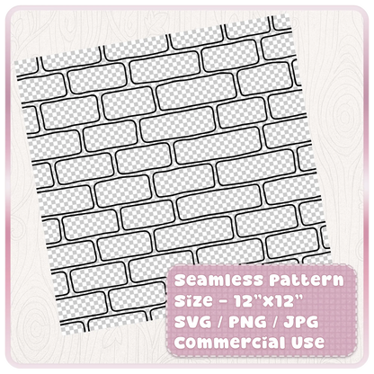 Seamless brick wall pattern digital download displayed as a 12 x 12 inch tileable SVG PNG JPG design for commercial craft use.