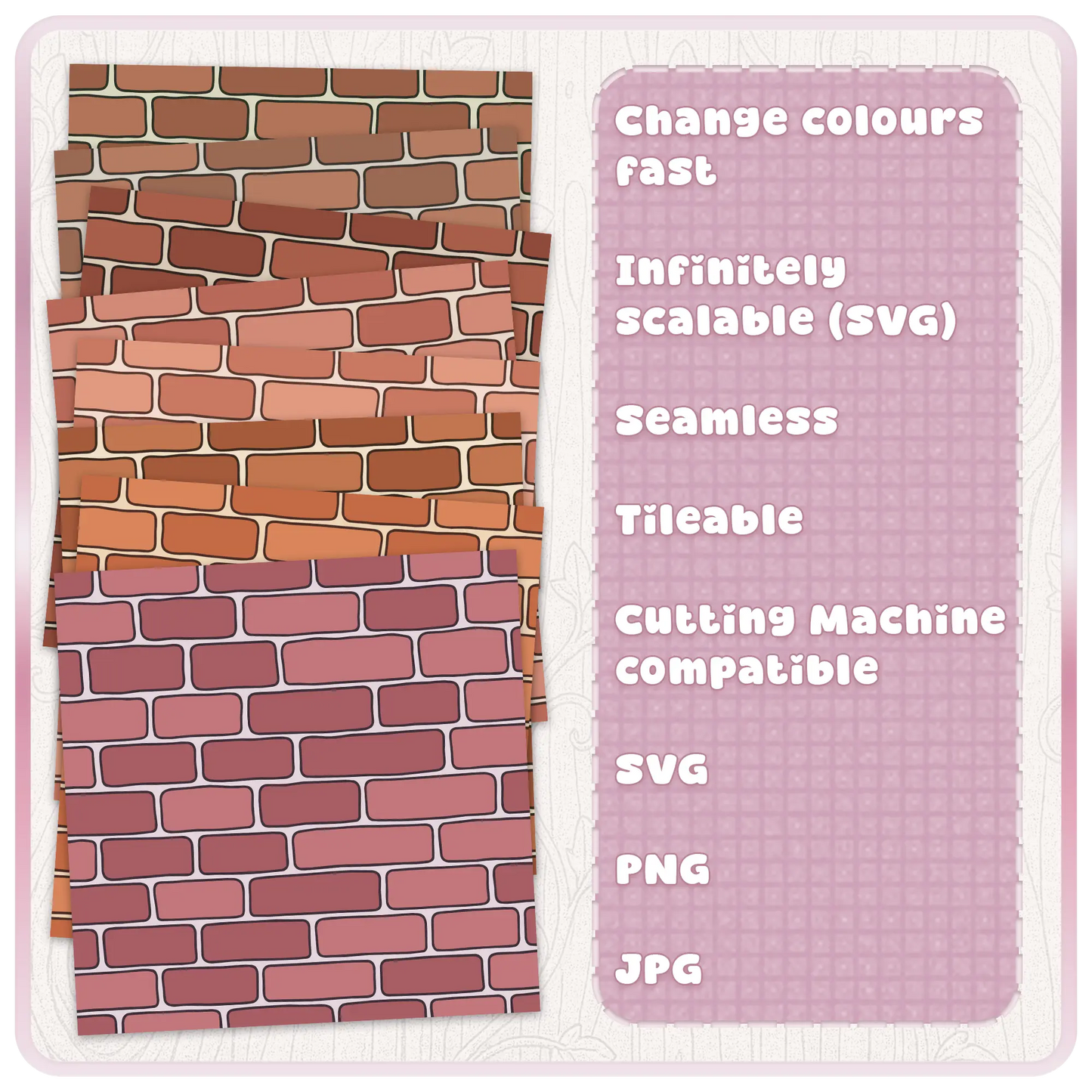 Fairytale brick wall seamless pattern shown in multiple colour examples with SVG PNG and JPG file format details.