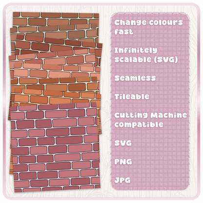 Fairytale brick wall seamless pattern shown in multiple colour examples with SVG PNG and JPG file format details.