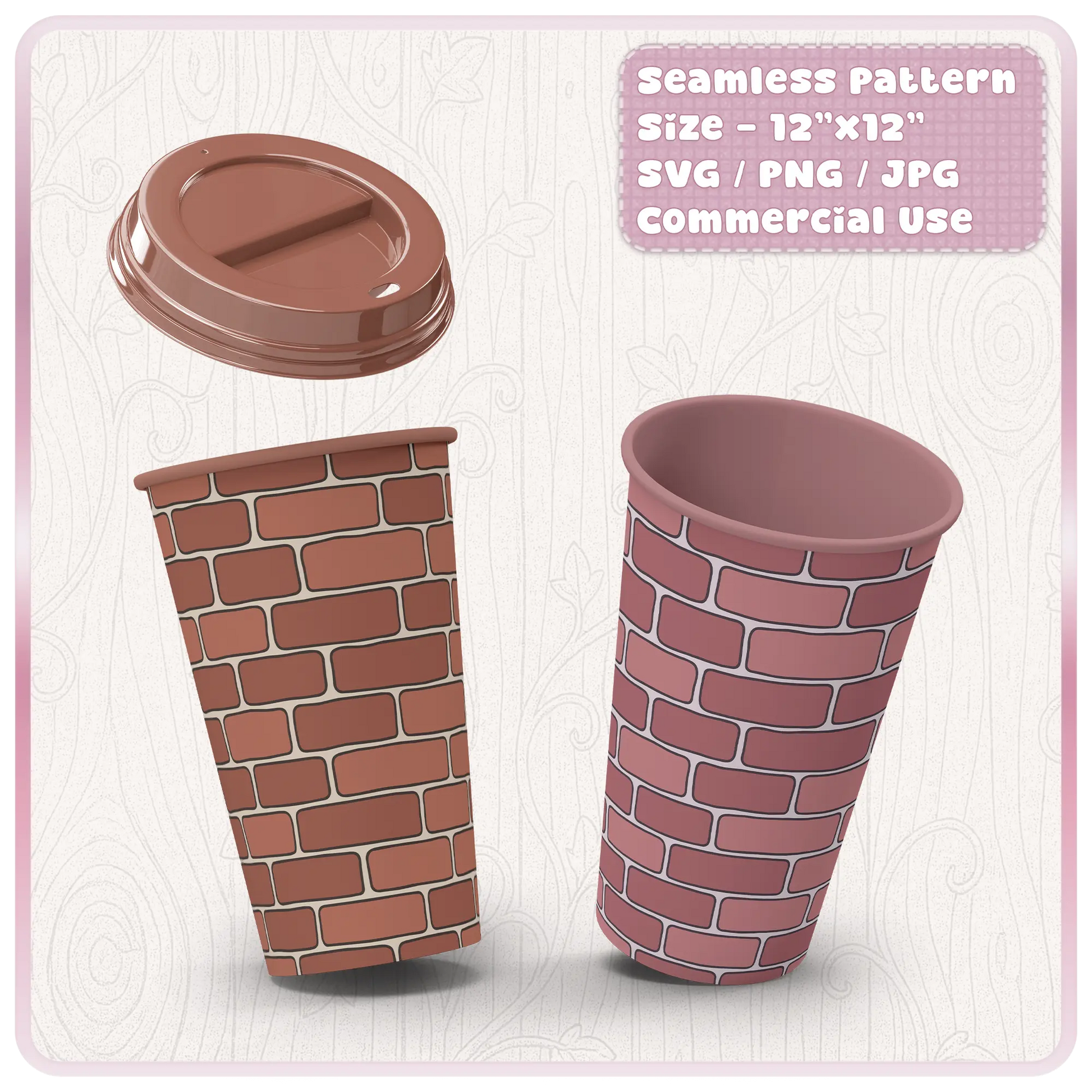 Seamless fairytale brick pattern mockup on sublimation tumbler cups with brick wall design and commercial use file details.