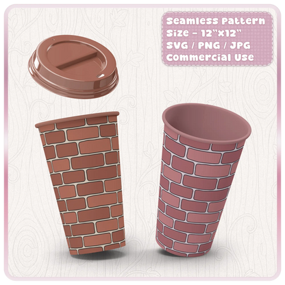 Seamless fairytale brick pattern mockup on sublimation tumbler cups with brick wall design and commercial use file details.