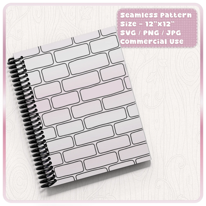 Black outline seamless brick pattern mockup on spiral notebook cover for printable paper, stationery and digital craft projects.