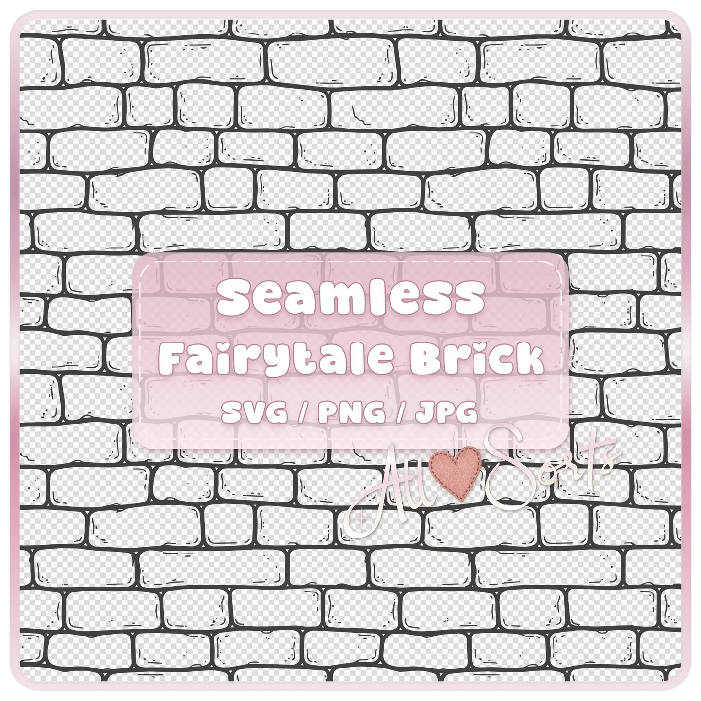 Seamless fairytale brick wall pattern digital download in SVG PNG and JPG formats with transparent-style brick background preview.