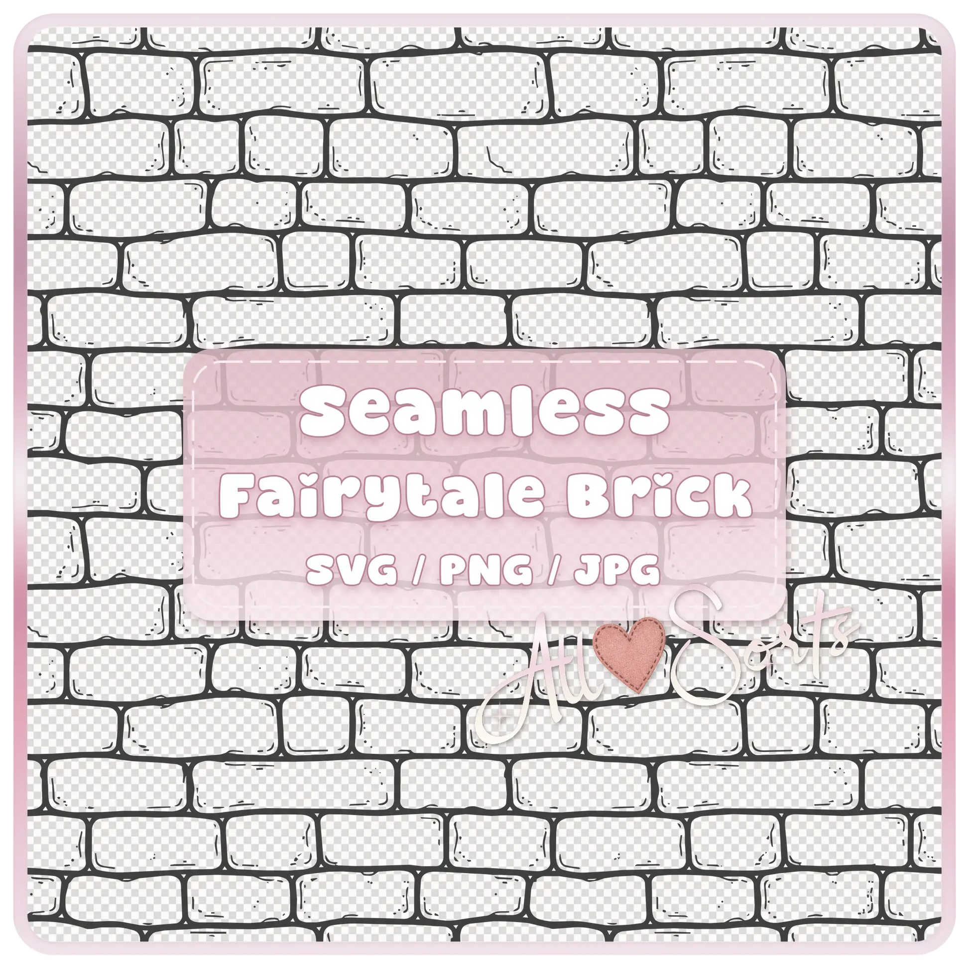 Seamless fairytale brick wall pattern digital download in SVG PNG and JPG formats with transparent-style brick background preview.