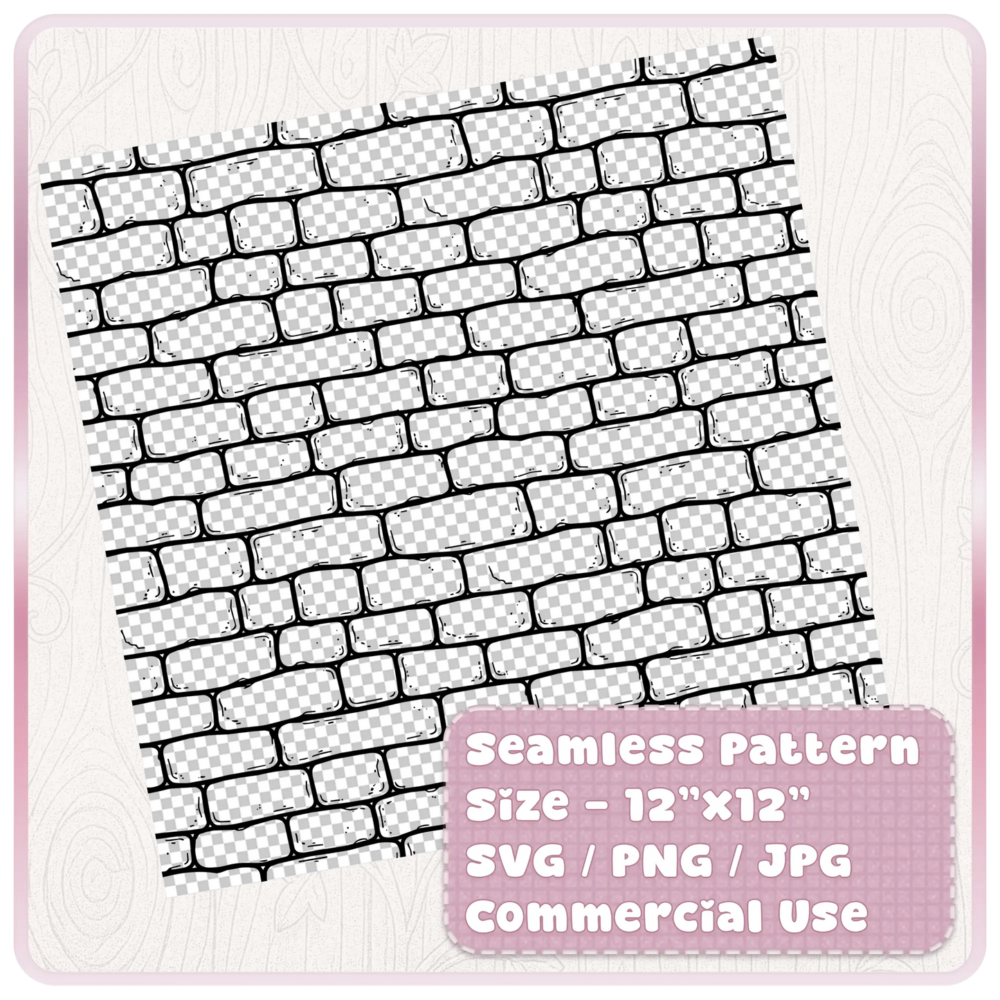 Tileable seamless fairytale brick pattern shown as a digital paper sheet with SVG PNG JPG file formats and commercial use details.