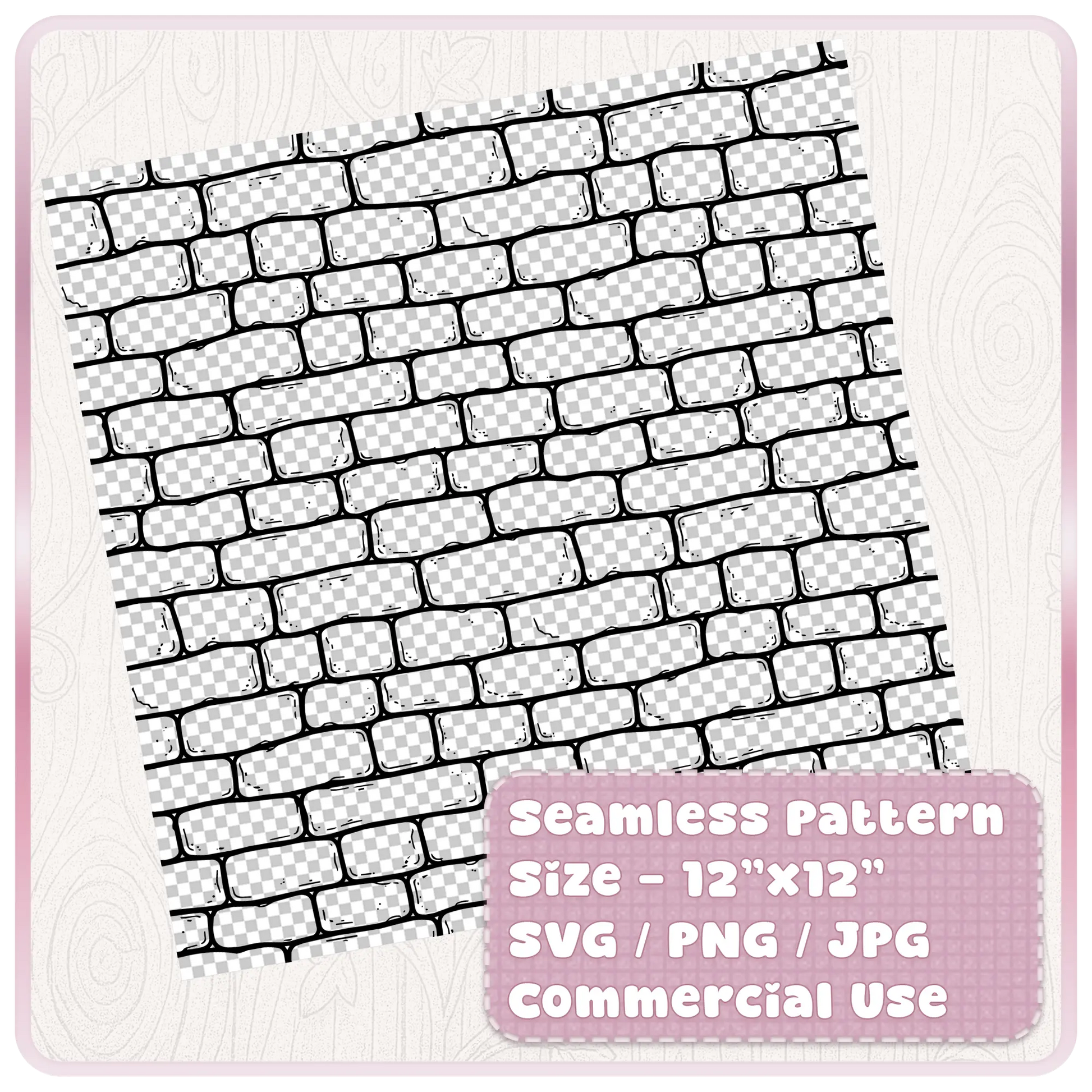 Tileable seamless fairytale brick pattern shown as a digital paper sheet with SVG PNG JPG file formats and commercial use details.