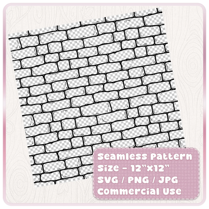 Tileable seamless fairytale brick pattern shown as a digital paper sheet with SVG PNG JPG file formats and commercial use details.