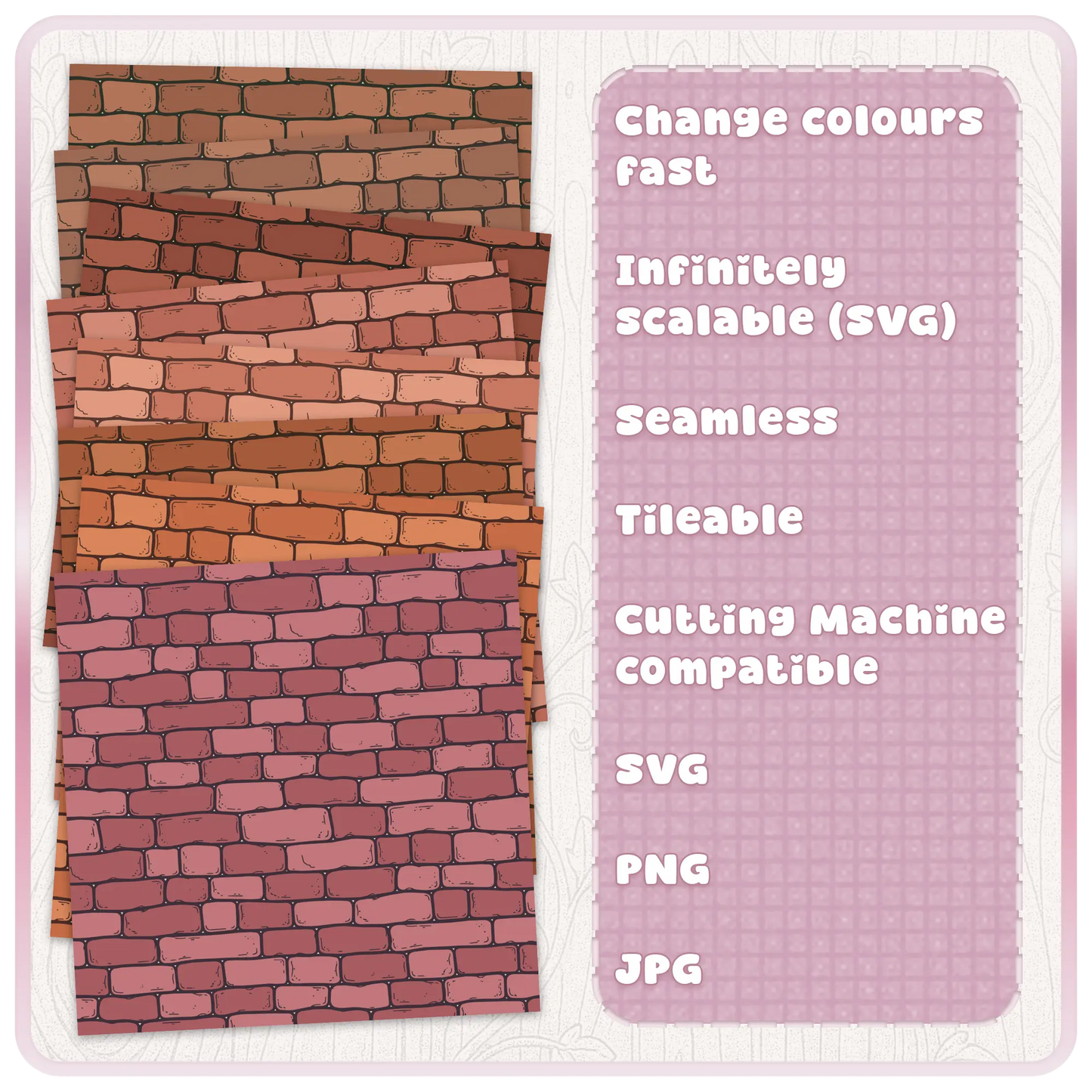 Fairytale brick wall seamless pattern colour examples showing recolourable brick backgrounds for crafts and digital designs.
