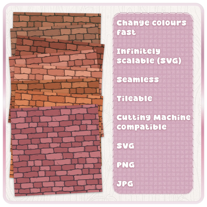 Fairytale brick wall seamless pattern colour examples showing recolourable brick backgrounds for crafts and digital designs.