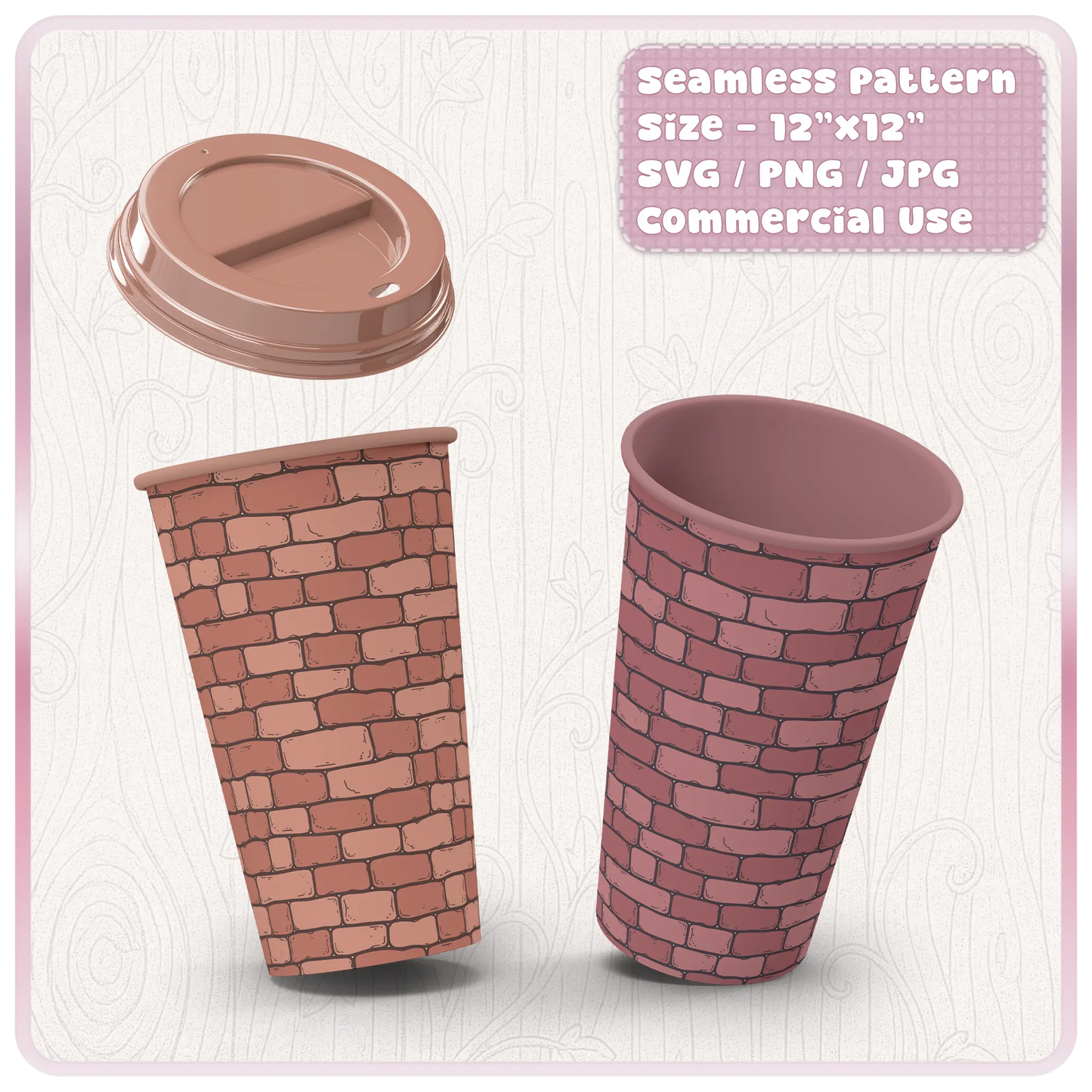 Seamless fairytale brick pattern displayed on a tumbler and cup mockup for sublimation, wraps and printable craft projects.