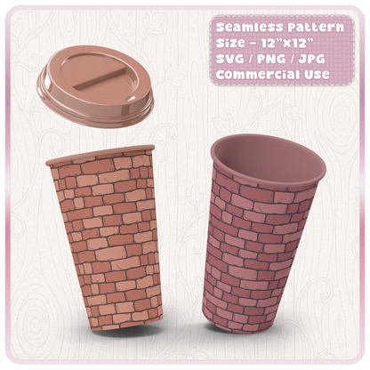 Seamless fairytale brick pattern displayed on a tumbler and cup mockup for sublimation, wraps and printable craft projects.