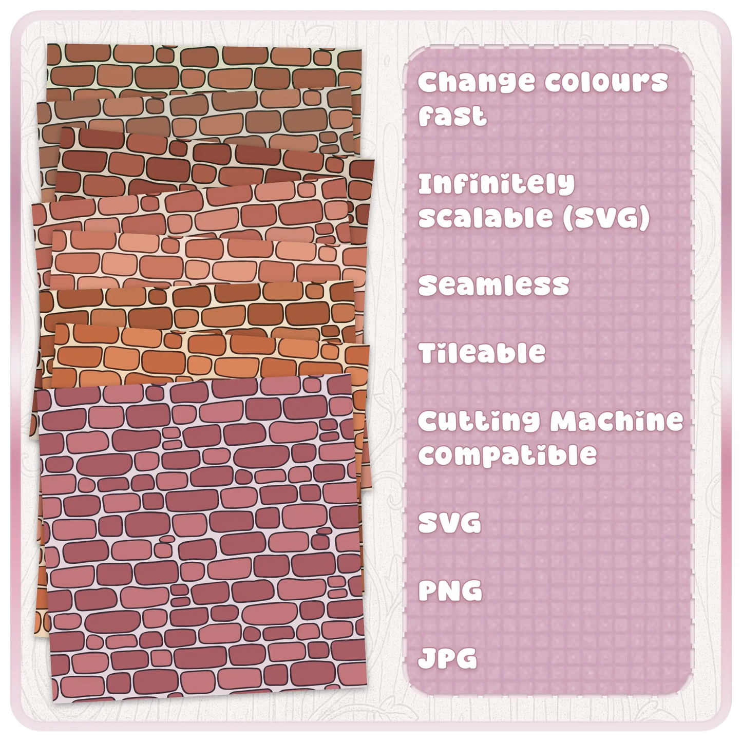 Fairytale brick seamless pattern colour examples showing recolourable SVG brick wall design for crafts and cutting machines.