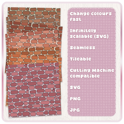 Fairytale brick seamless pattern colour examples showing recolourable SVG brick wall design for crafts and cutting machines.