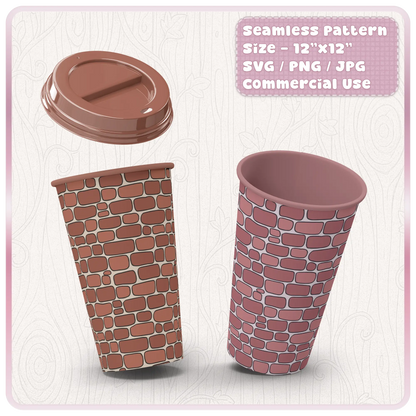 Seamless fairytale brick pattern shown on paper cups and coffee lid mockup for sublimation, tumblers and printable craft designs.