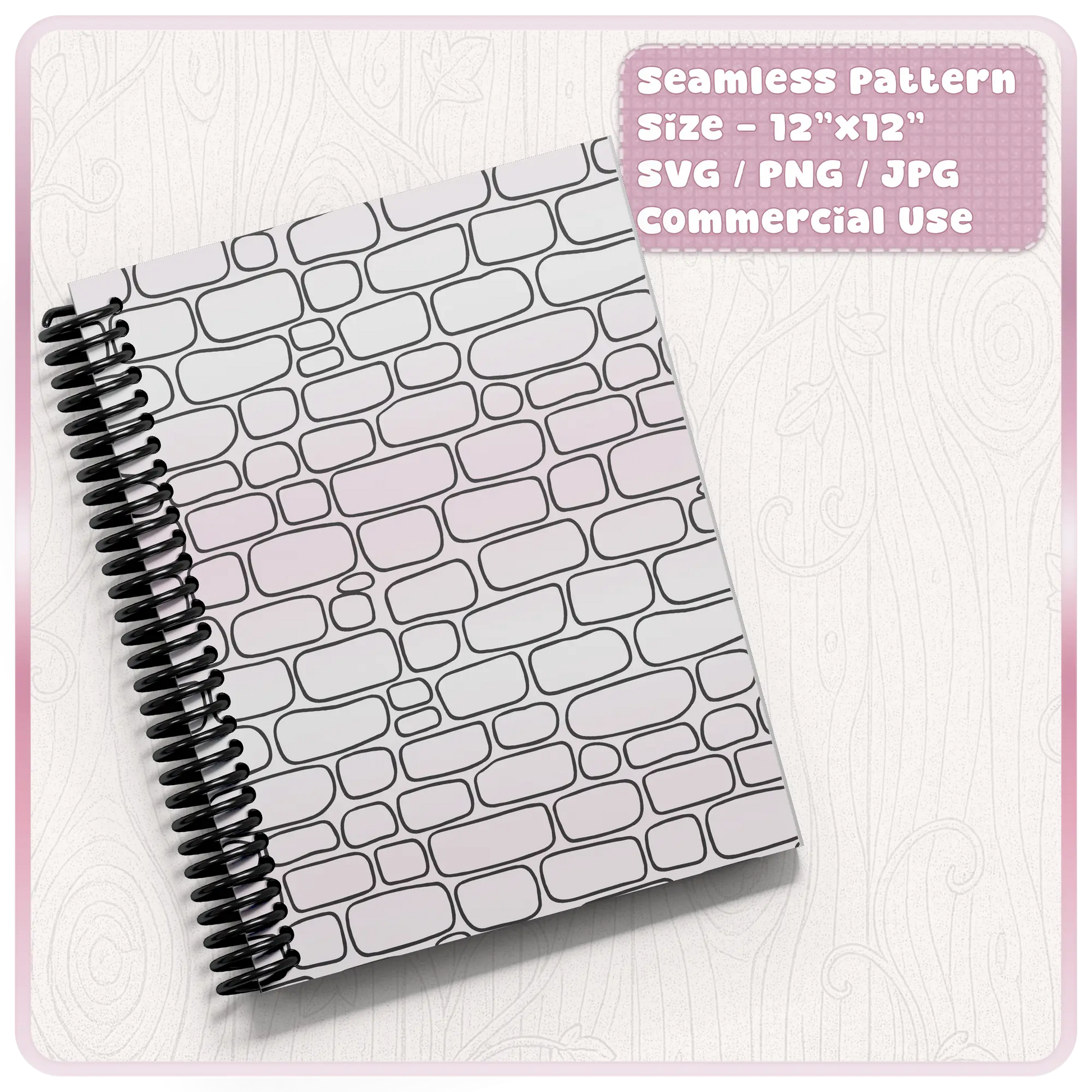 Black and white seamless brick wall pattern mockup on spiral notebook cover for digital paper, stationery and planner designs.