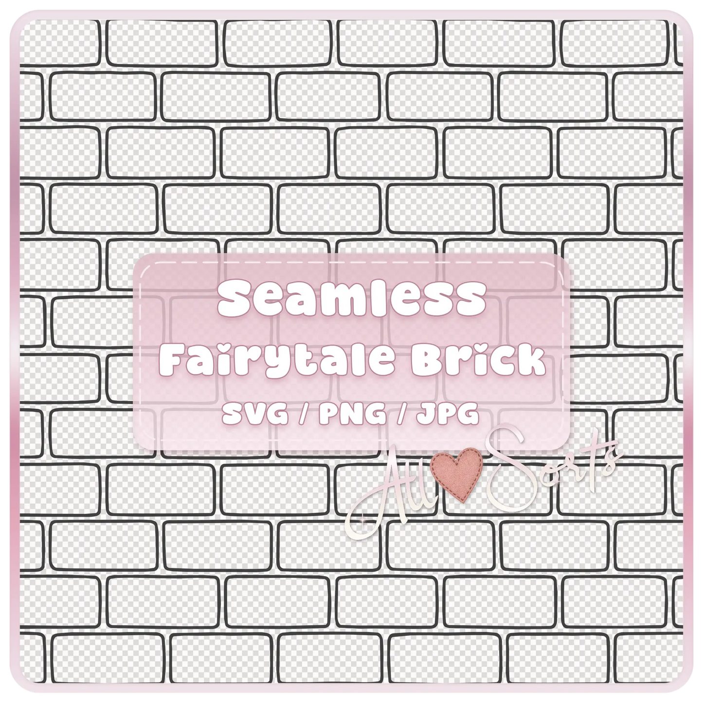 Seamless fairytale brick pattern SVG PNG JPG digital download with transparent tileable brick wall preview and pink product label.