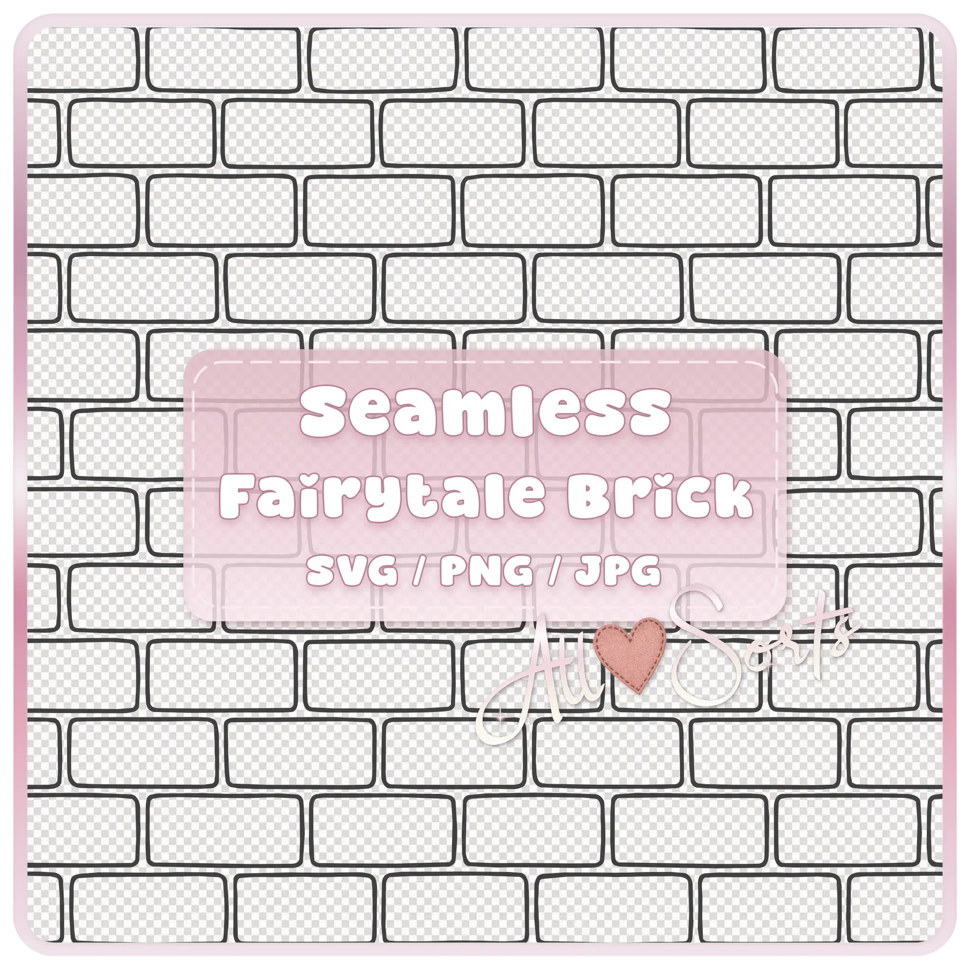 Seamless fairytale brick pattern SVG PNG JPG digital download with transparent tileable brick wall preview and pink product label.