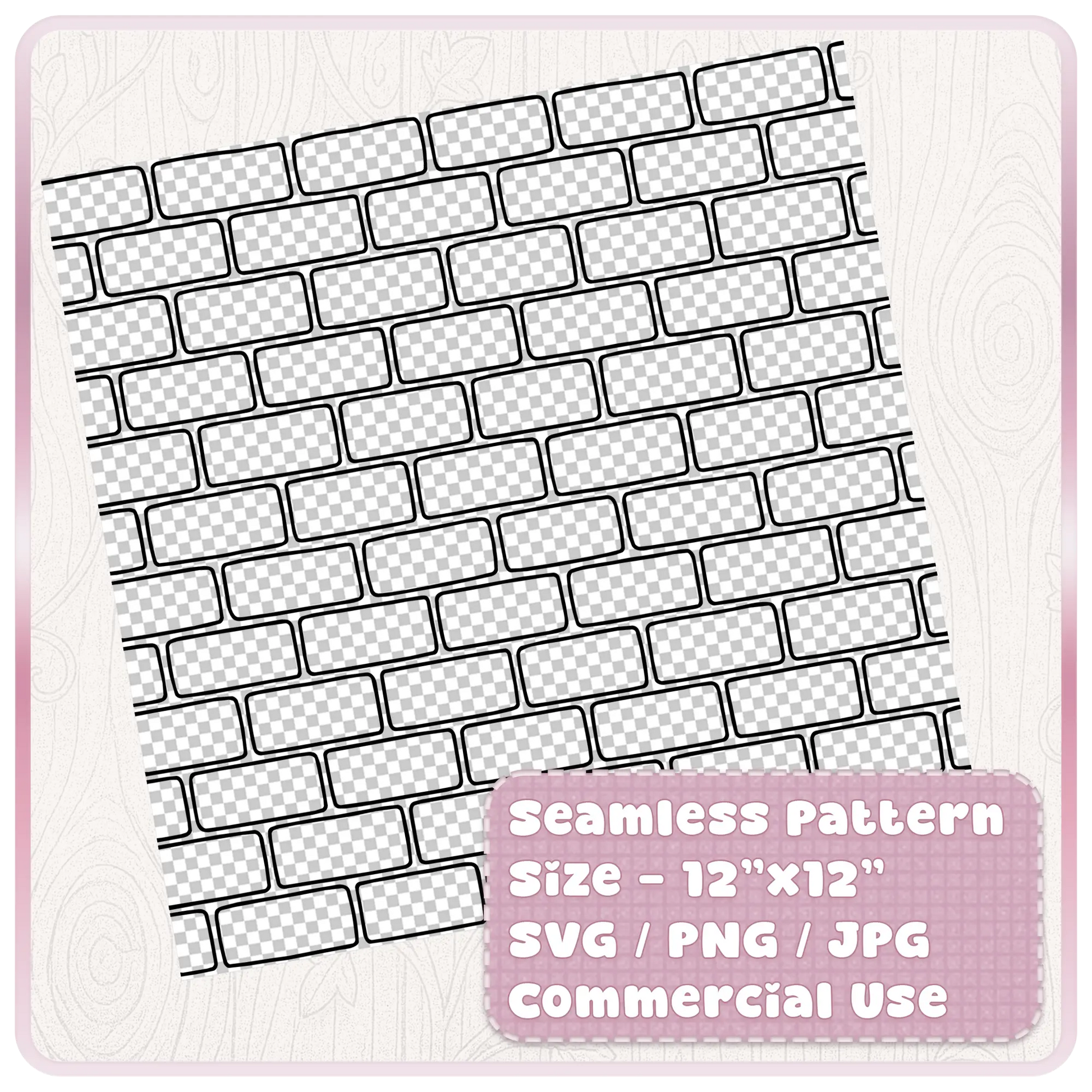 Tileable seamless brick wall pattern preview shown on a square sheet with SVG PNG JPG commercial use digital download details.