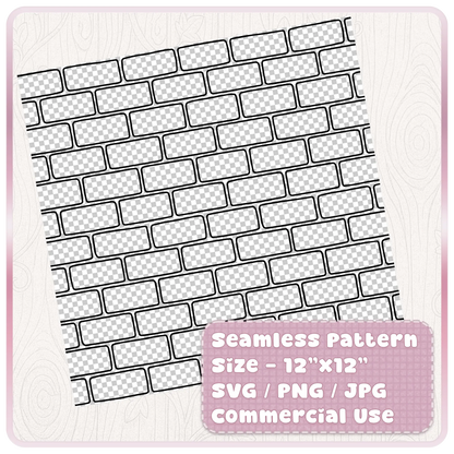 Tileable seamless brick wall pattern preview shown on a square sheet with SVG PNG JPG commercial use digital download details.